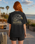 Freedom black heavyweight T-shirt with patriotic eagle graphic - lifestyle view 1