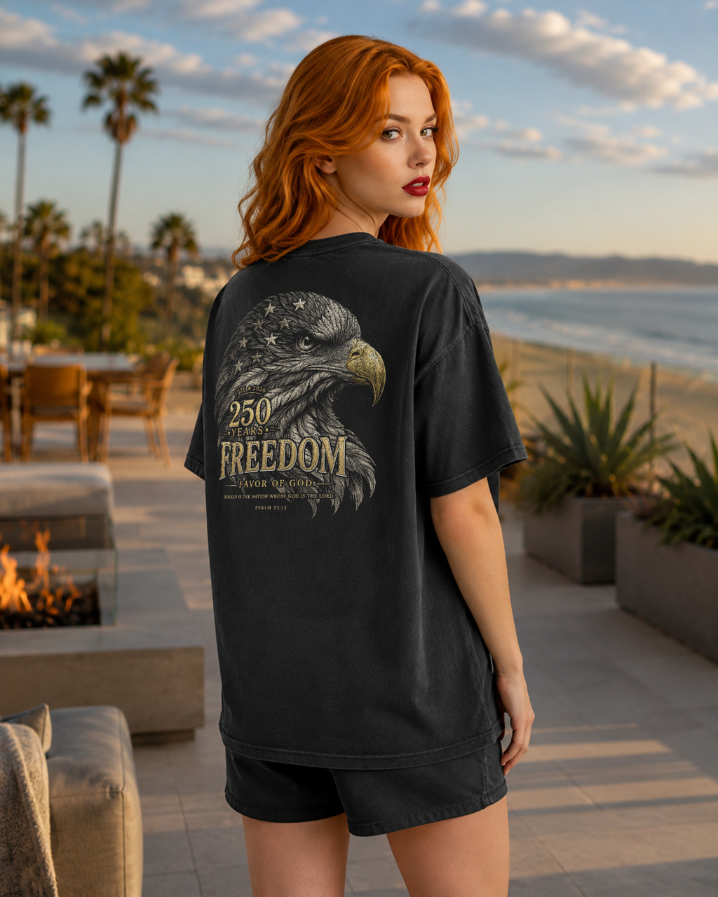 Freedom black heavyweight T-shirt with patriotic eagle graphic - lifestyle view 2