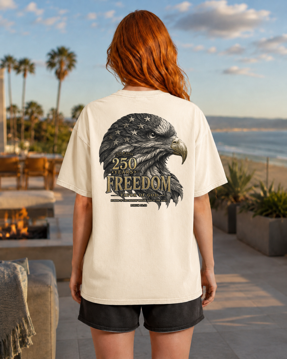 Freedom ivory heavyweight T-shirt with patriotic eagle graphic - lifestyle view 1