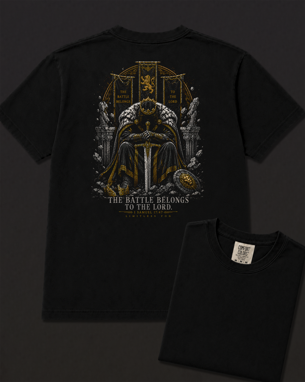 Battle black heavyweight T-shirt with crowned warrior prayer design - lifestyle view 5