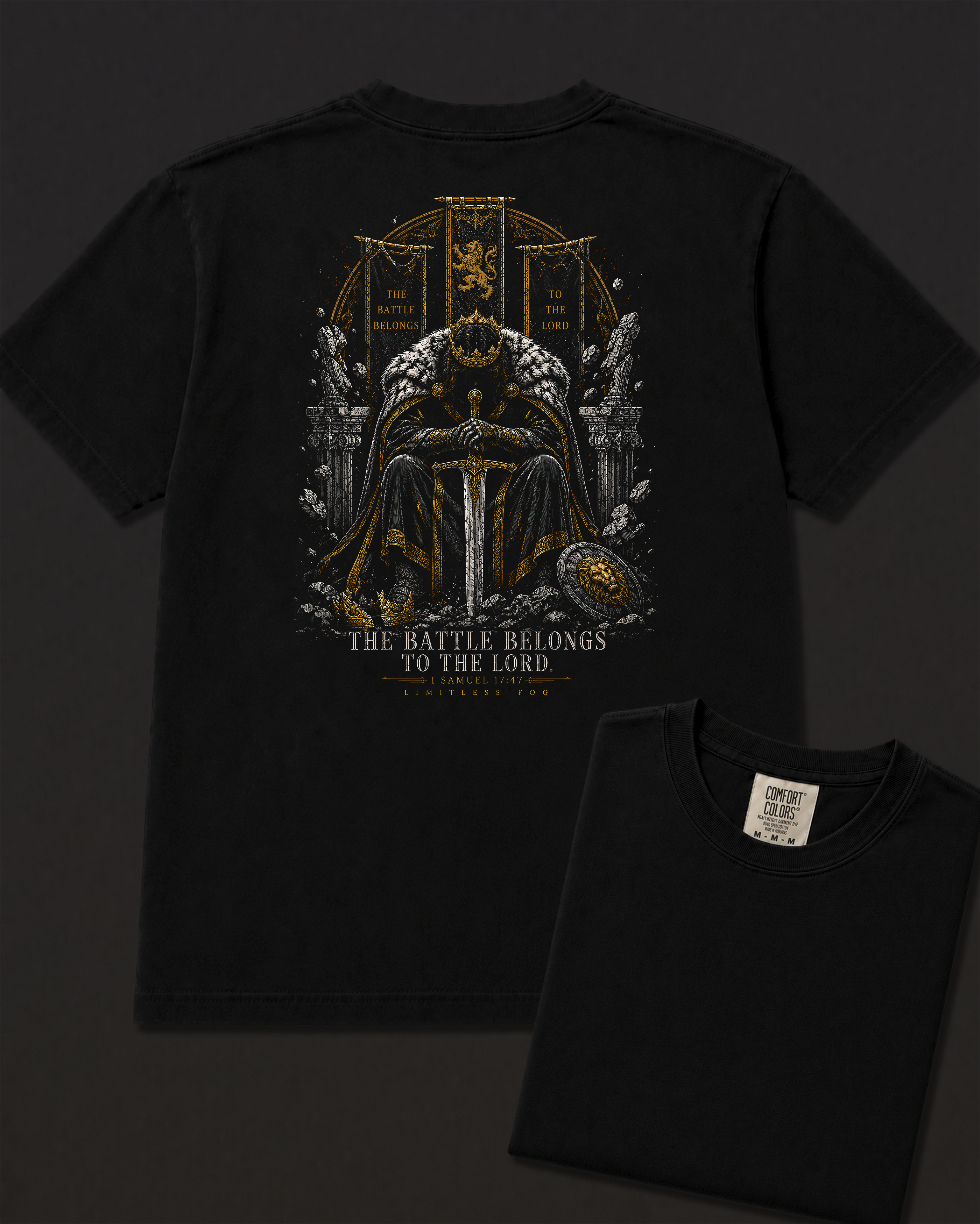 Battle black heavyweight T-shirt with crowned warrior prayer design - lifestyle view 5