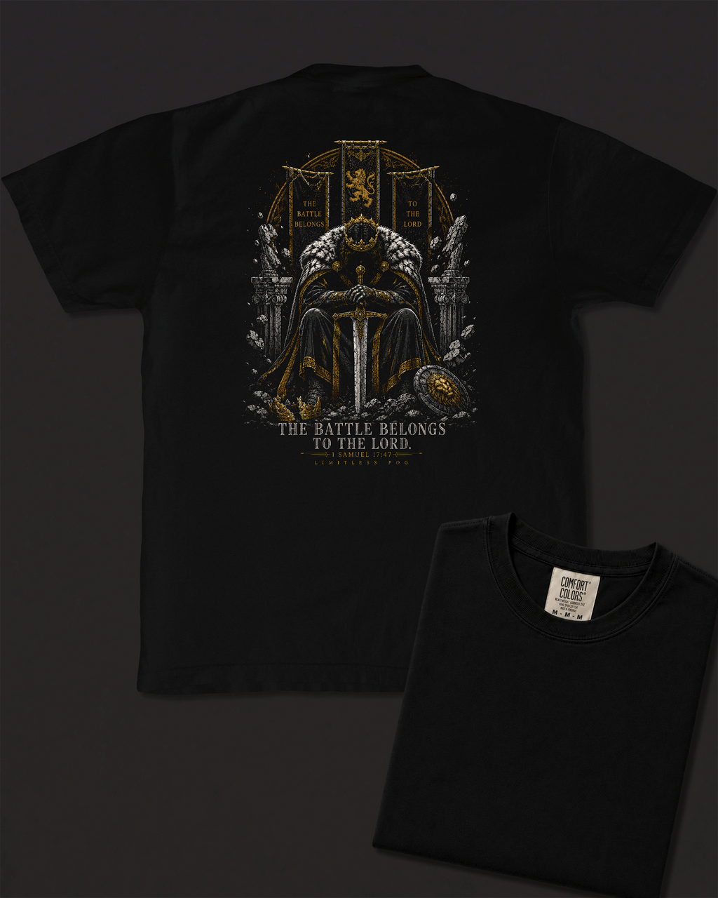 Battle black heavyweight T-shirt with crowned warrior prayer design - design flat lay