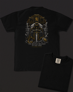 Battle black heavyweight T-shirt with crowned warrior prayer design - design flat lay