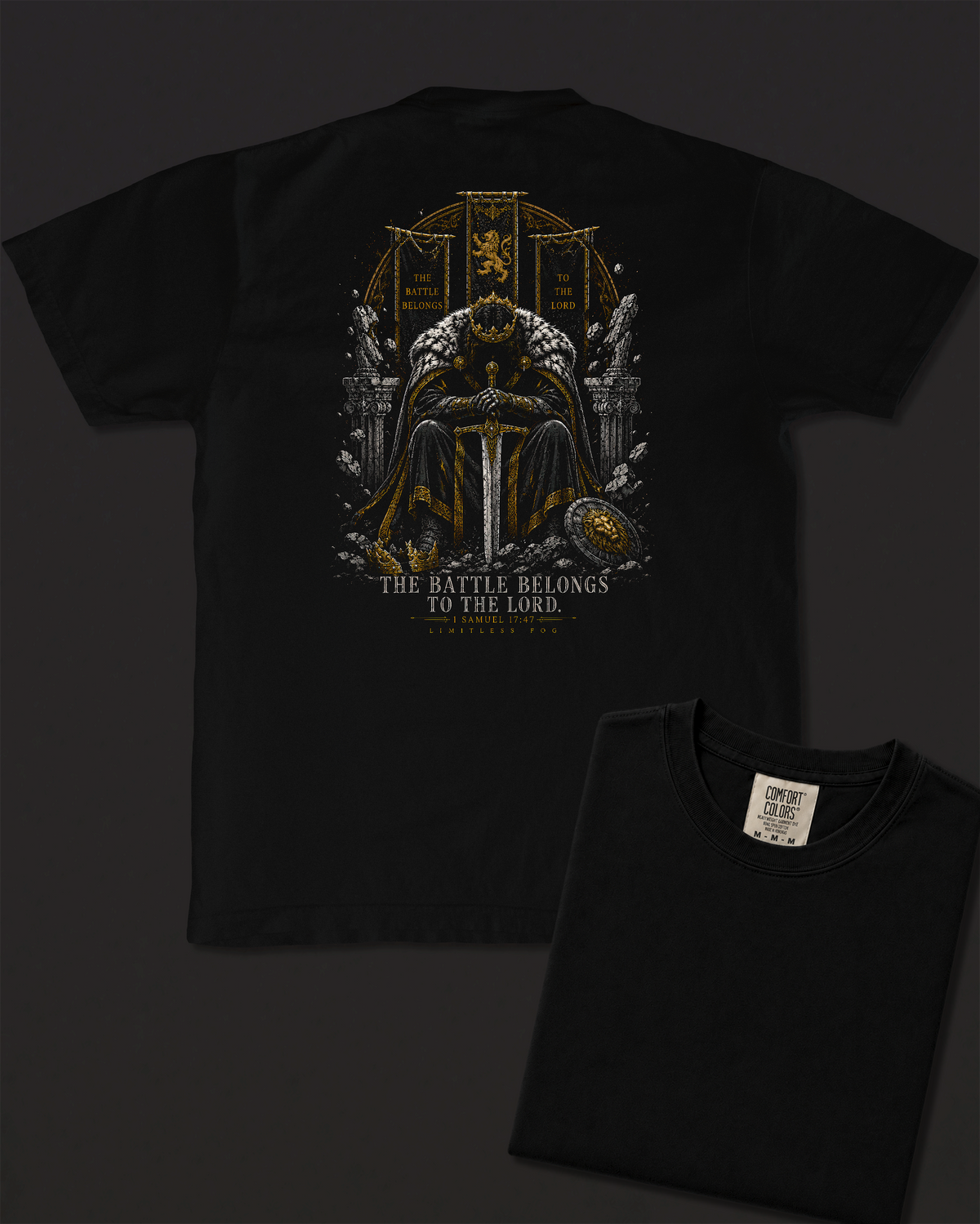 Battle black heavyweight T-shirt with crowned warrior prayer design - design flat lay