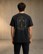 Battle black heavyweight T-shirt with crowned warrior prayer design - lifestyle view 1