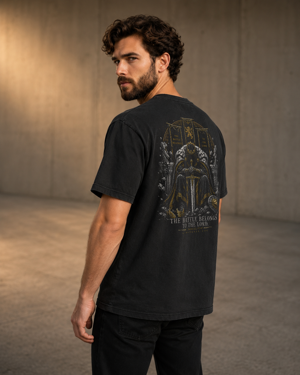 Battle black heavyweight T-shirt with crowned warrior prayer design - lifestyle view 2