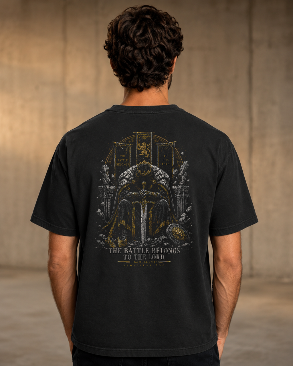 Battle black heavyweight T-shirt with crowned warrior prayer design - lifestyle view 3