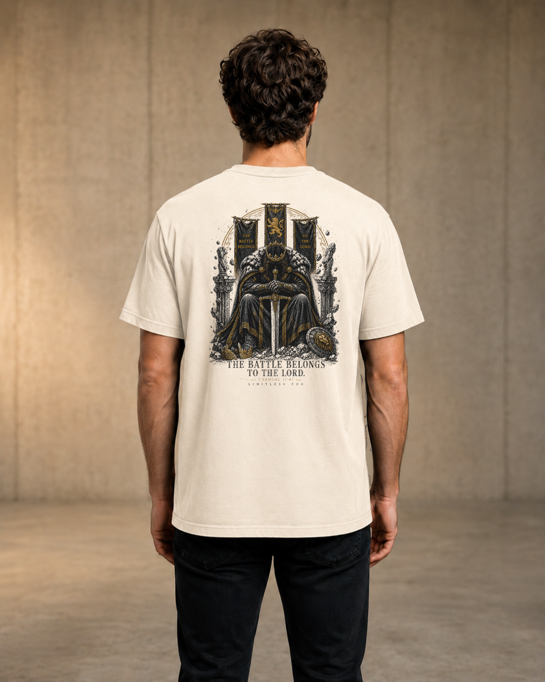 Battle ivory heavyweight T-shirt with crowned warrior prayer design - lifestyle view 1