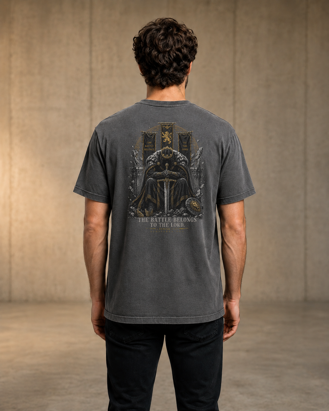 Battle pepper heavyweight T-shirt with crowned warrior prayer design - lifestyle view 1