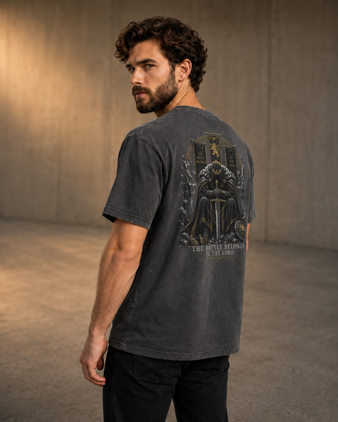 Battle pepper heavyweight T-shirt with crowned warrior prayer design - lifestyle view 2