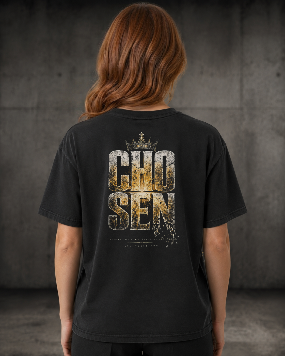Chosen black heavyweight T-shirt with Chosen faith design - back lifestyle view