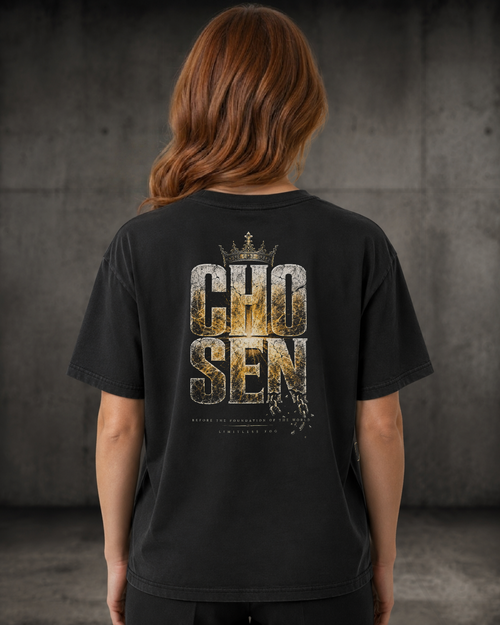Chosen black heavyweight T-shirt with Chosen faith design - back lifestyle view