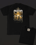Chosen black heavyweight T-shirt with Chosen faith design - design flat lay