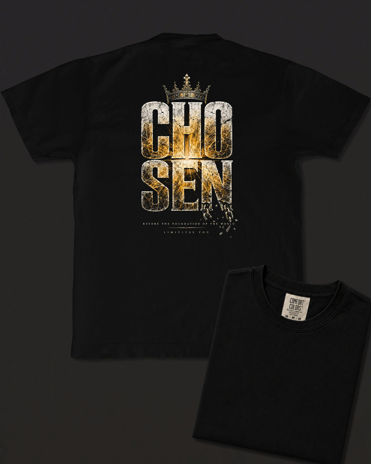 Chosen black heavyweight T-shirt with Chosen faith design - design flat lay