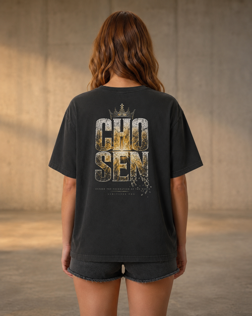 Chosen black heavyweight T-shirt with radiant stone faith design - lifestyle view 1