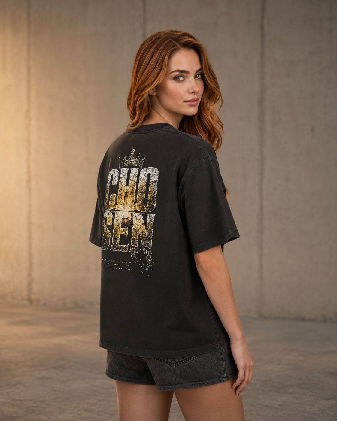 Chosen black heavyweight T-shirt with radiant stone faith design - lifestyle view 2