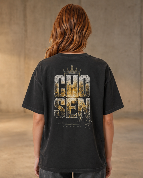 Chosen black heavyweight T-shirt with radiant stone faith design - lifestyle view 3