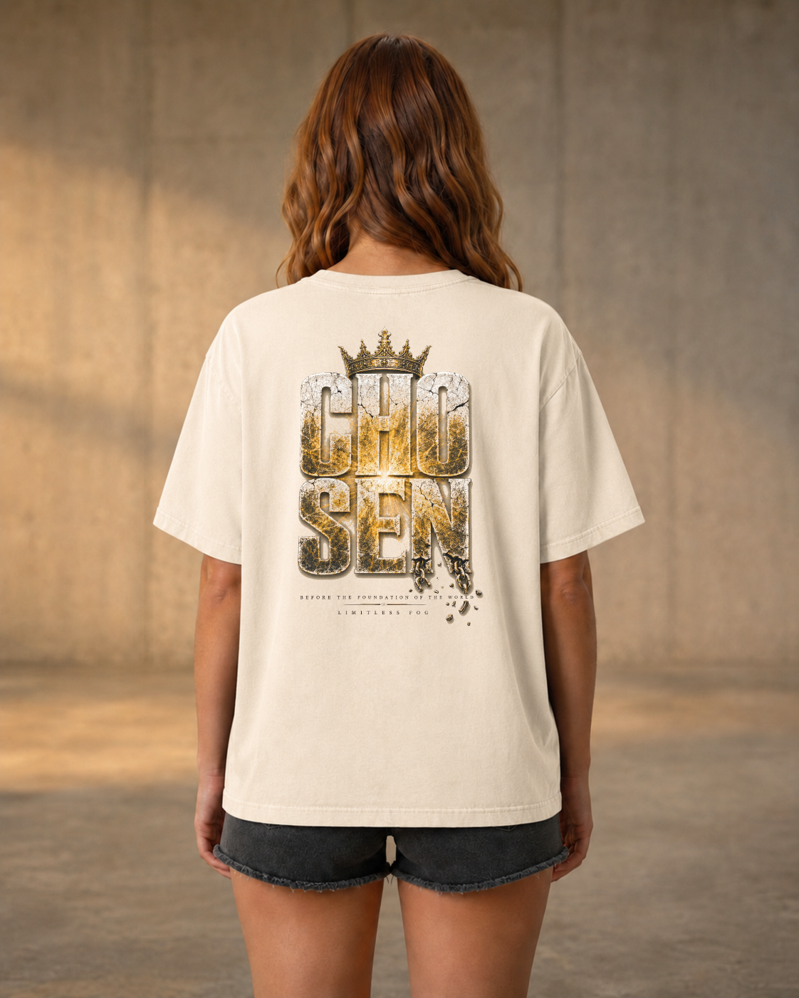 Chosen ivory heavyweight T-shirt with radiant stone faith design - lifestyle view 1