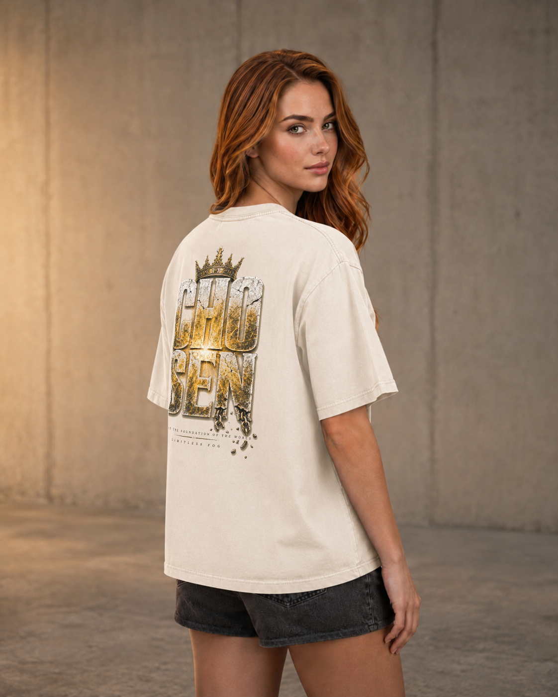 Chosen ivory heavyweight T-shirt with radiant stone faith design - lifestyle view 2