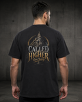 Climb black heavyweight T-shirt with faith journey staircase design - back lifestyle view