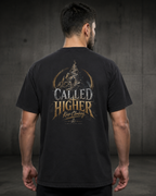 Climb black heavyweight T-shirt with faith journey staircase design - back lifestyle view