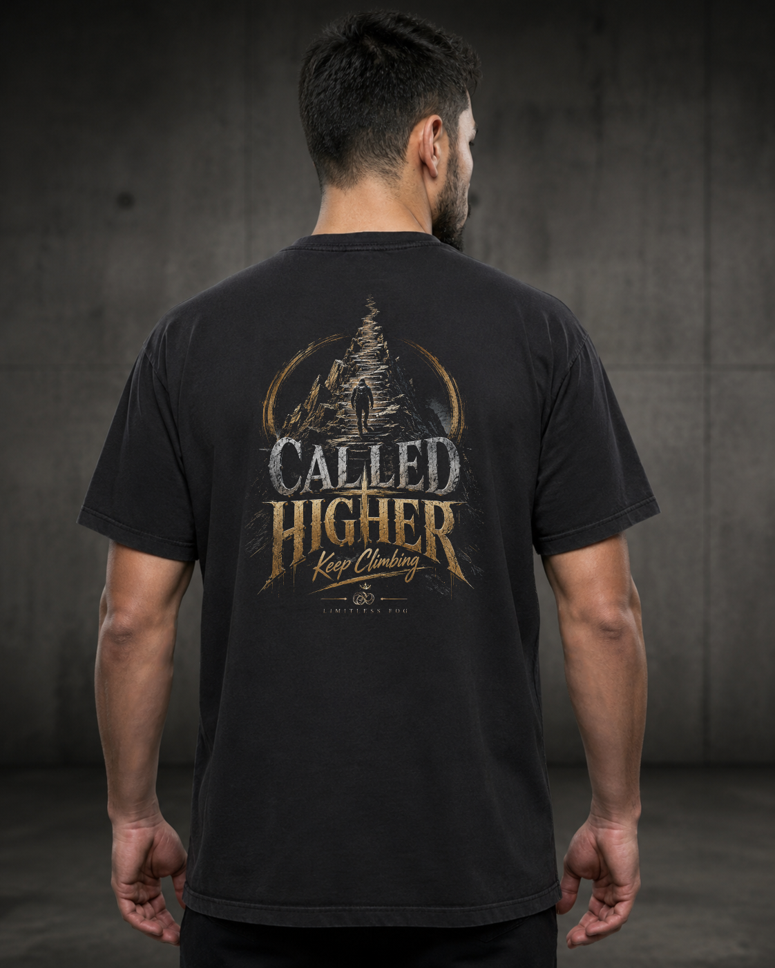 Climb black heavyweight T-shirt with faith journey staircase design - back lifestyle view
