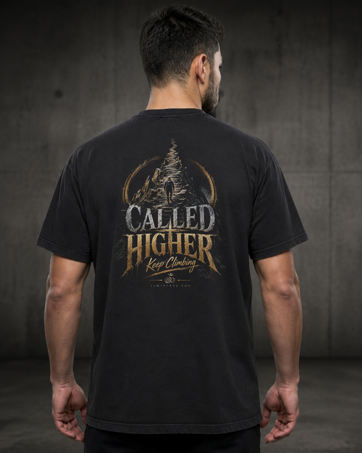 Climb black heavyweight T-shirt with faith journey staircase design - back lifestyle view