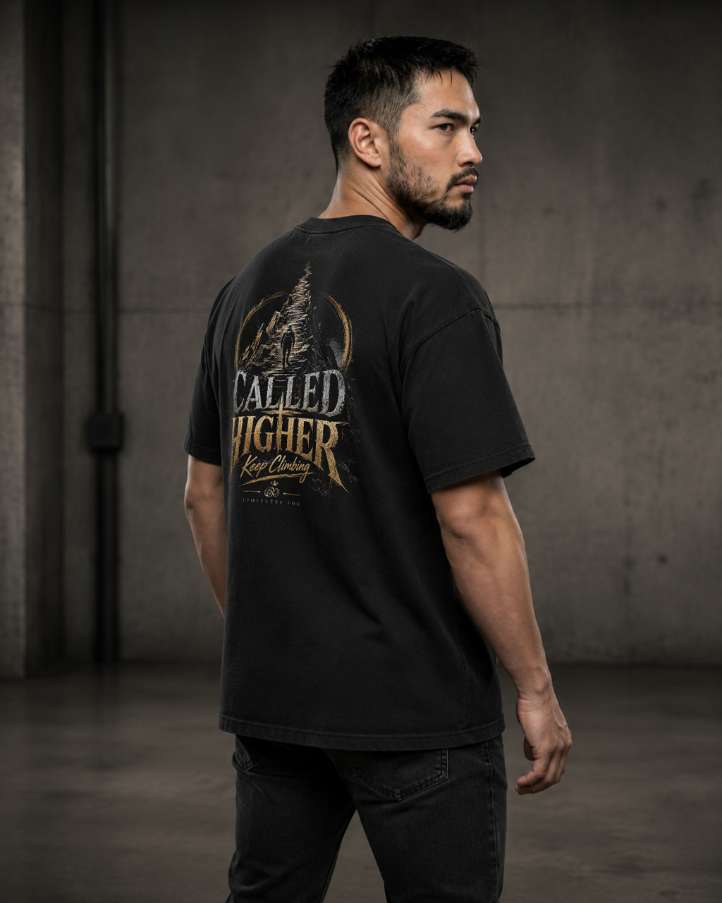 Climb black heavyweight T-shirt with faith journey staircase design - angled back lifestyle view