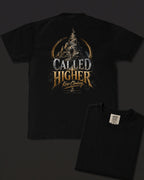 Climb black heavyweight T-shirt with faith journey staircase design - design flat lay