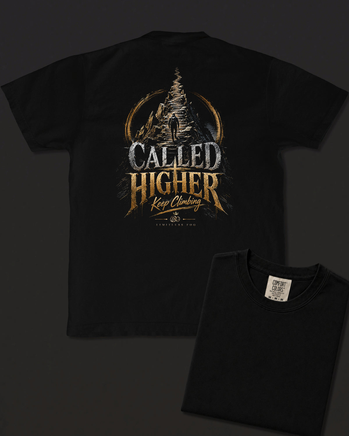 Climb black heavyweight T-shirt with faith journey staircase design - design flat lay
