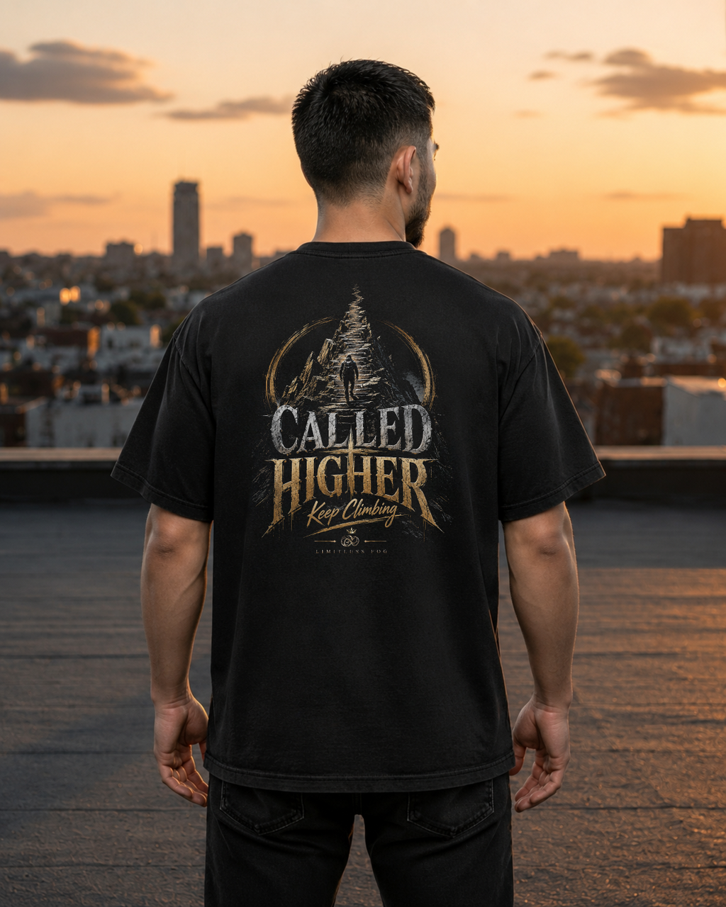 Climb black heavyweight T-shirt with stairway faith journey design - lifestyle view 1