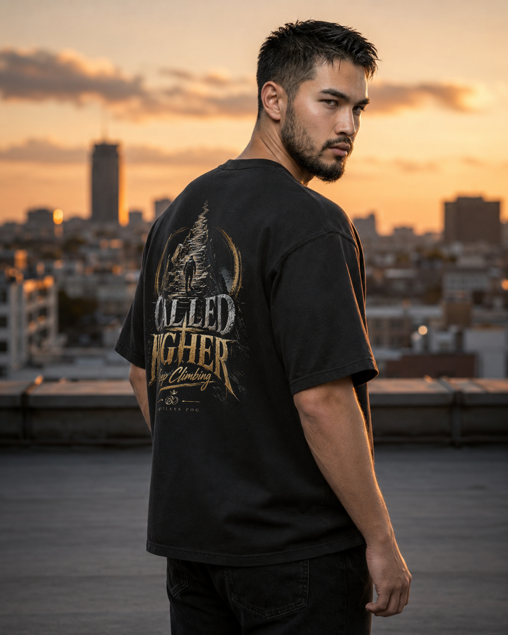Climb black heavyweight T-shirt with stairway faith journey design - lifestyle view 2