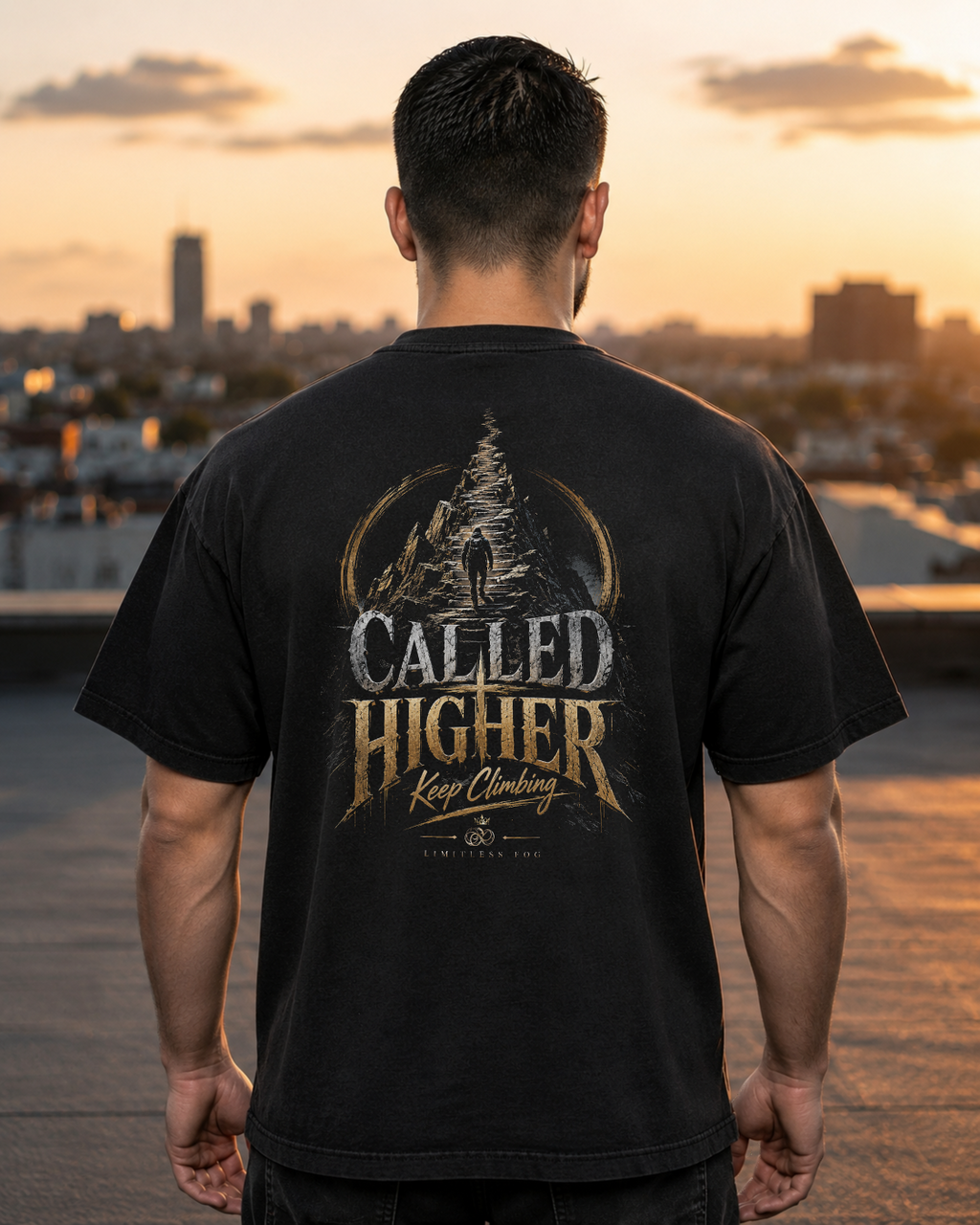 Climb black heavyweight T-shirt with stairway faith journey design - lifestyle view 3
