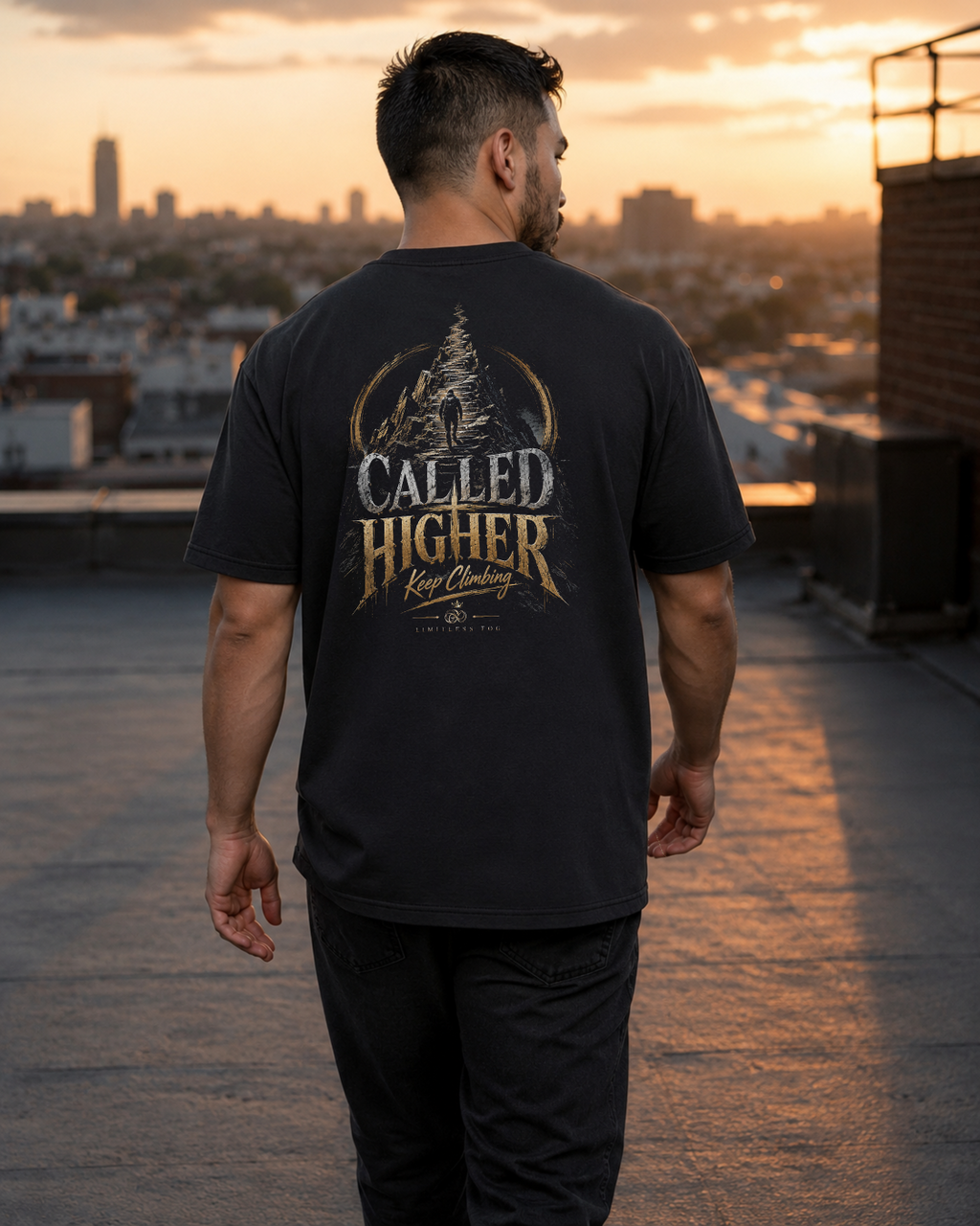 Climb black heavyweight T-shirt with stairway faith journey design - lifestyle view 4