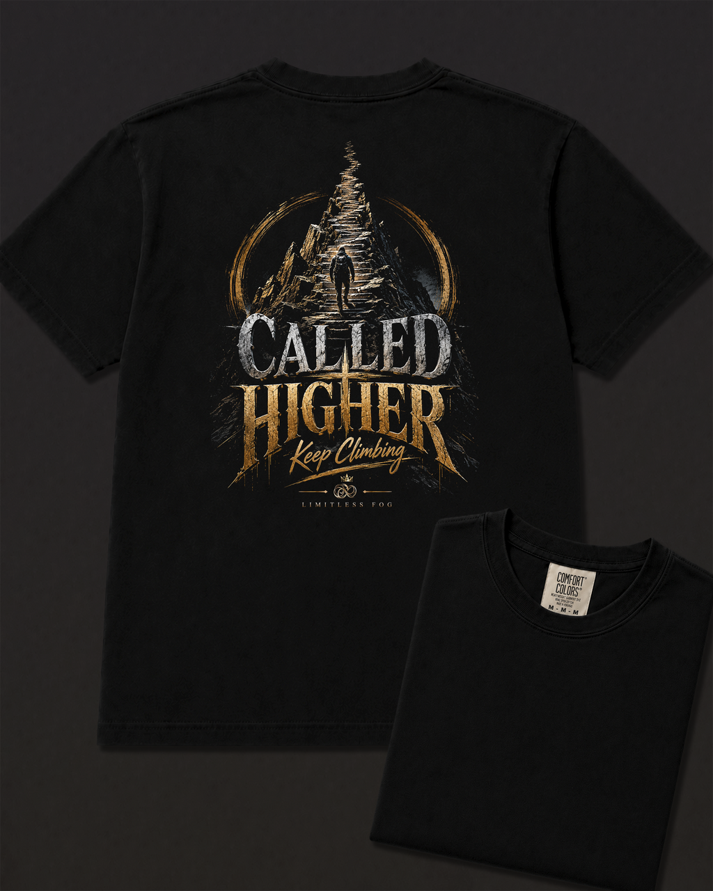 Climb black heavyweight T-shirt with stairway faith journey design - lifestyle view 5