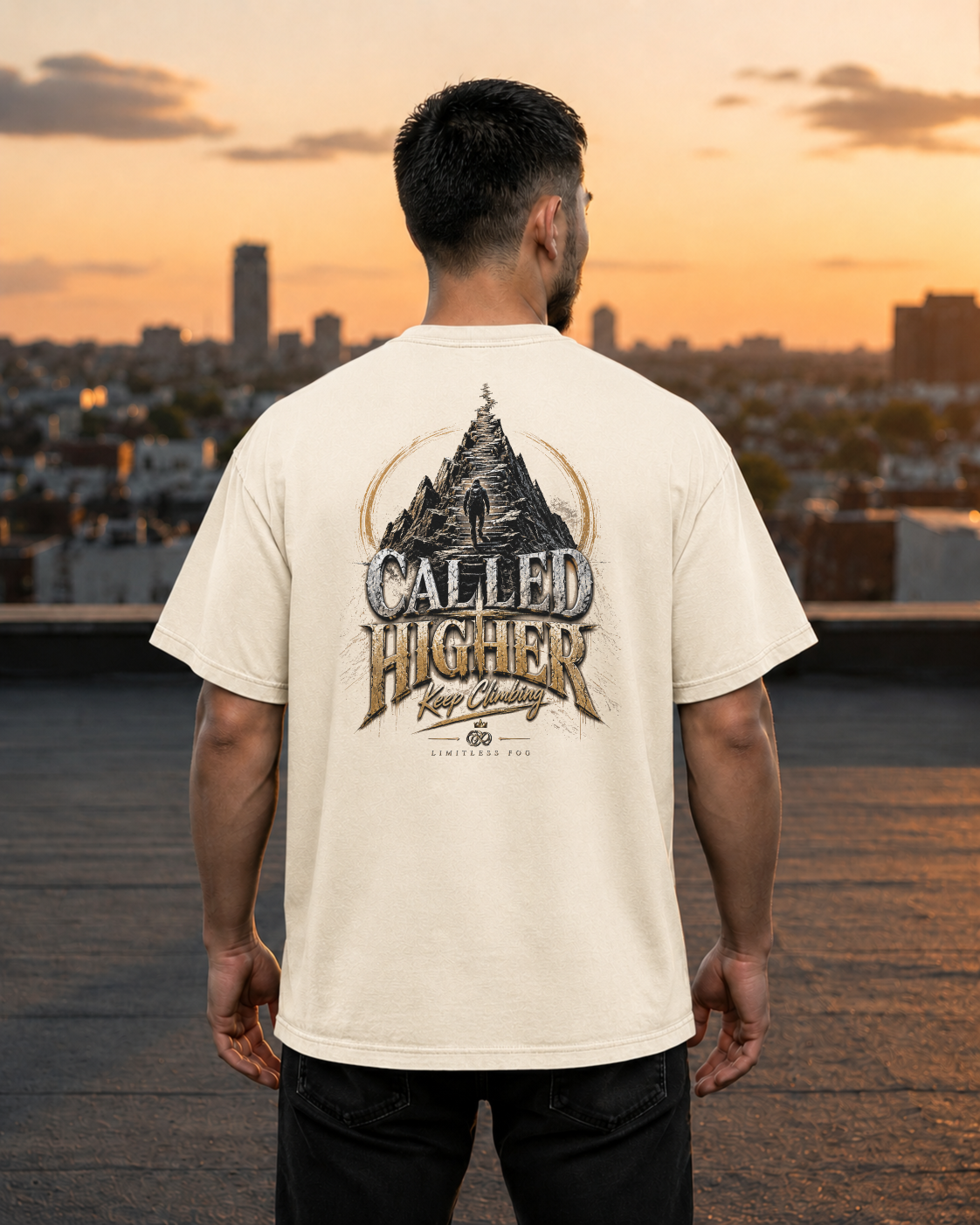 Climb ivory heavyweight T-shirt with stairway faith journey design - lifestyle view 1