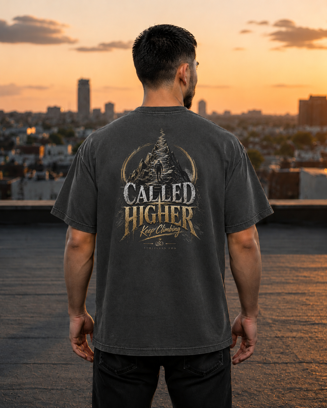 Climb pepper heavyweight T-shirt with stairway faith journey design - lifestyle view 1