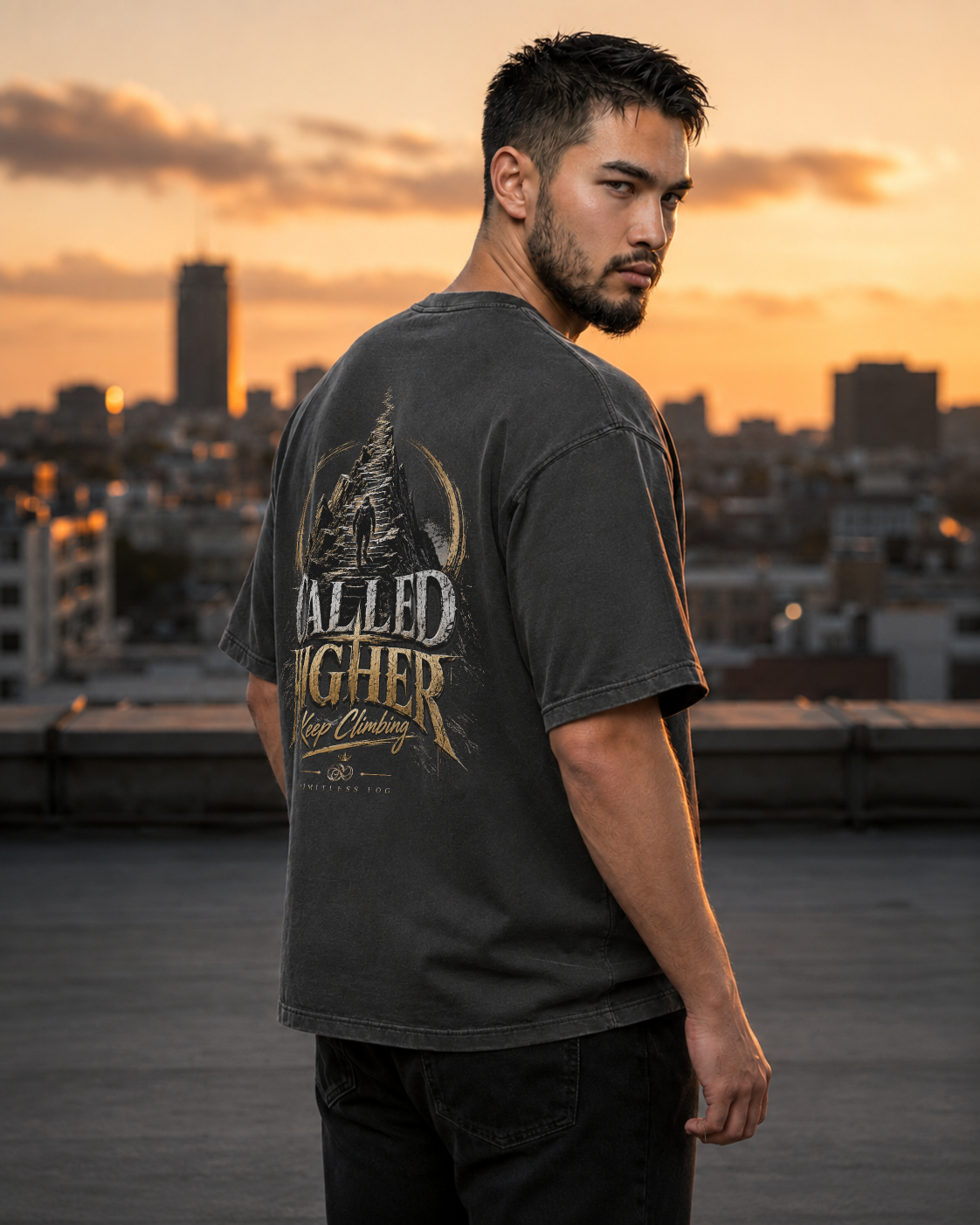 Climb pepper heavyweight T-shirt with stairway faith journey design - lifestyle view 2
