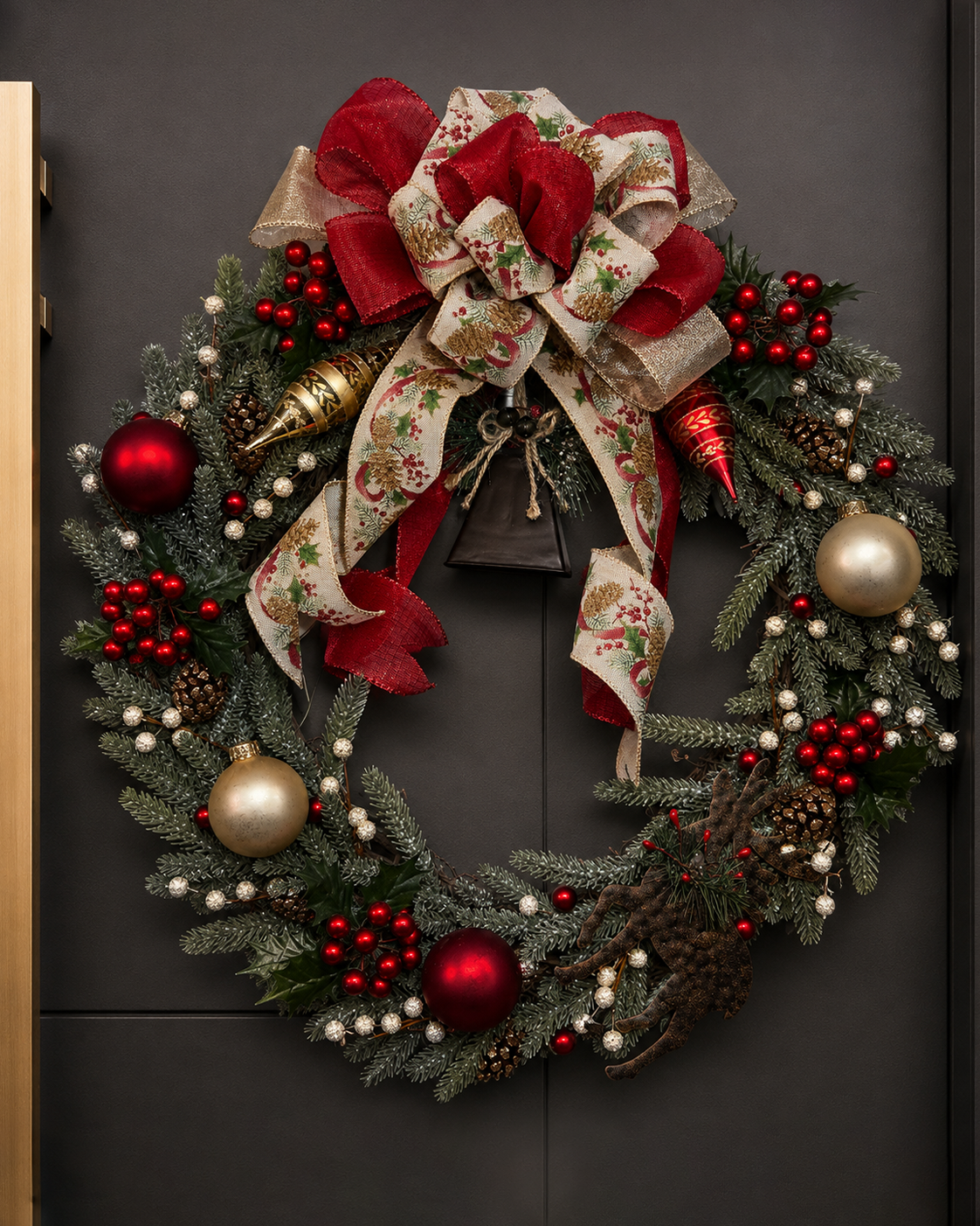 Woodland Bell handcrafted Christmas wreath with red berries and bells - view 1
