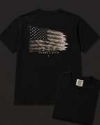 Flag black heavyweight T-shirt with distressed American flag design - lifestyle view 5