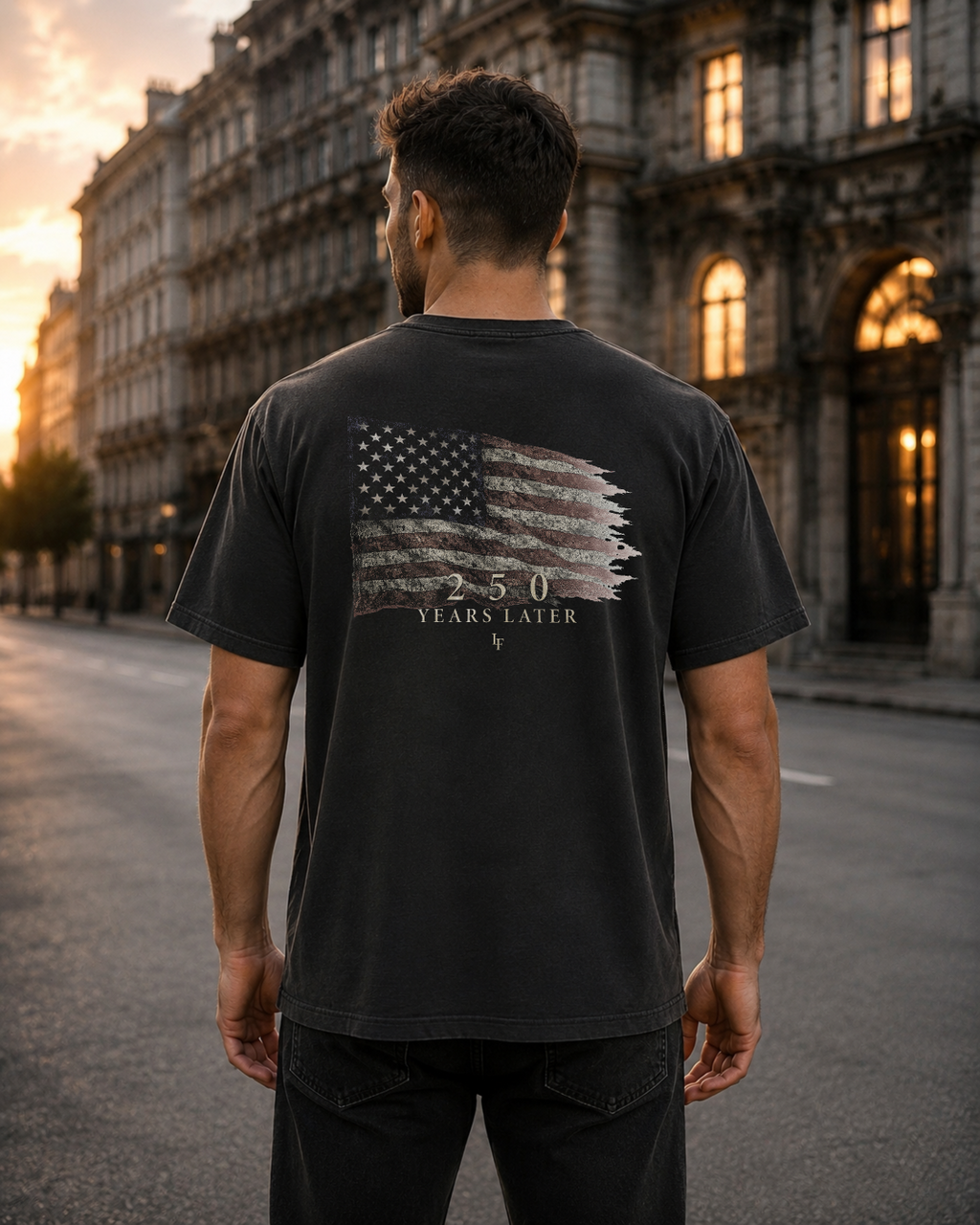 Flag black heavyweight T-shirt with distressed American flag design - lifestyle view 1