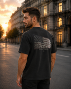 Flag black heavyweight T-shirt with distressed American flag design - lifestyle view 2