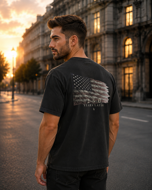 Flag black heavyweight T-shirt with distressed American flag design - lifestyle view 2