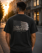 Flag black heavyweight T-shirt with distressed American flag design - lifestyle view 3