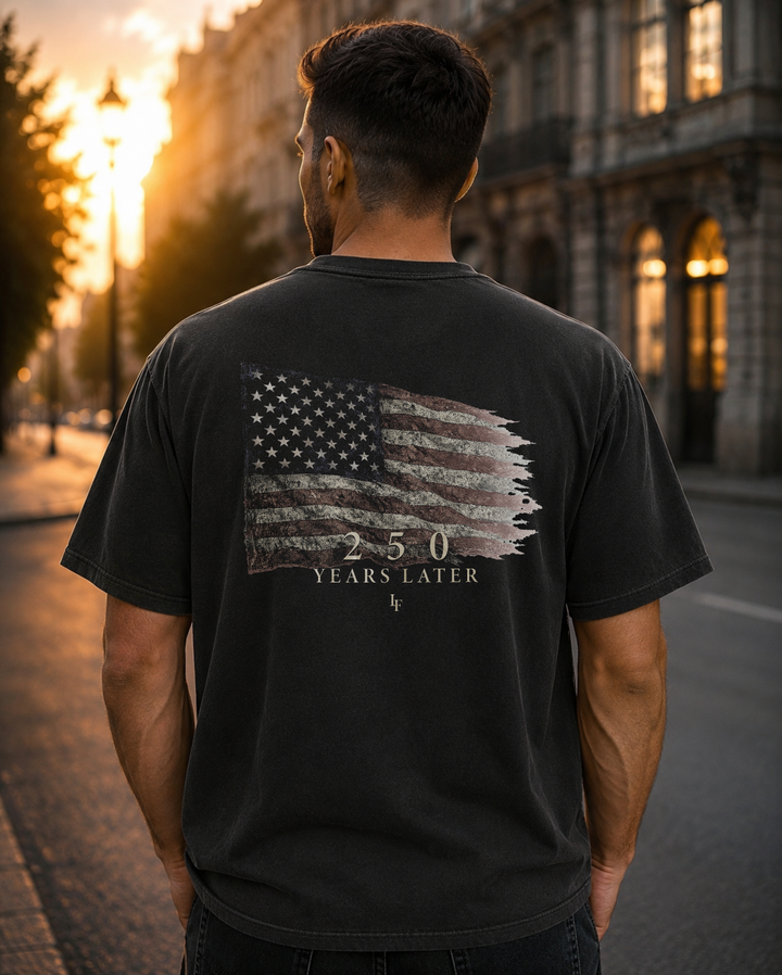 Flag black heavyweight T-shirt with distressed American flag design - lifestyle view 3