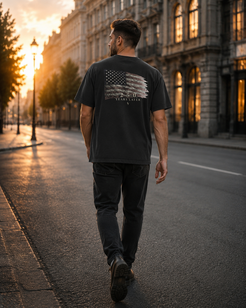 Flag black heavyweight T-shirt with distressed American flag design - lifestyle view 4