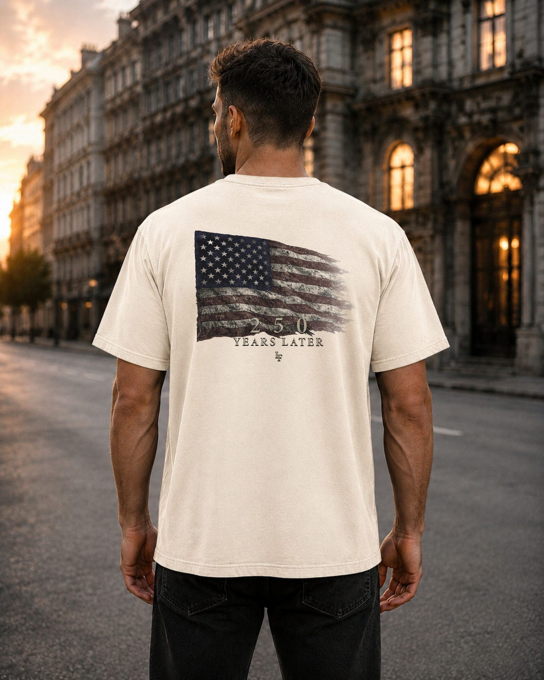 Flag ivory heavyweight T-shirt with distressed American flag design - lifestyle view 1