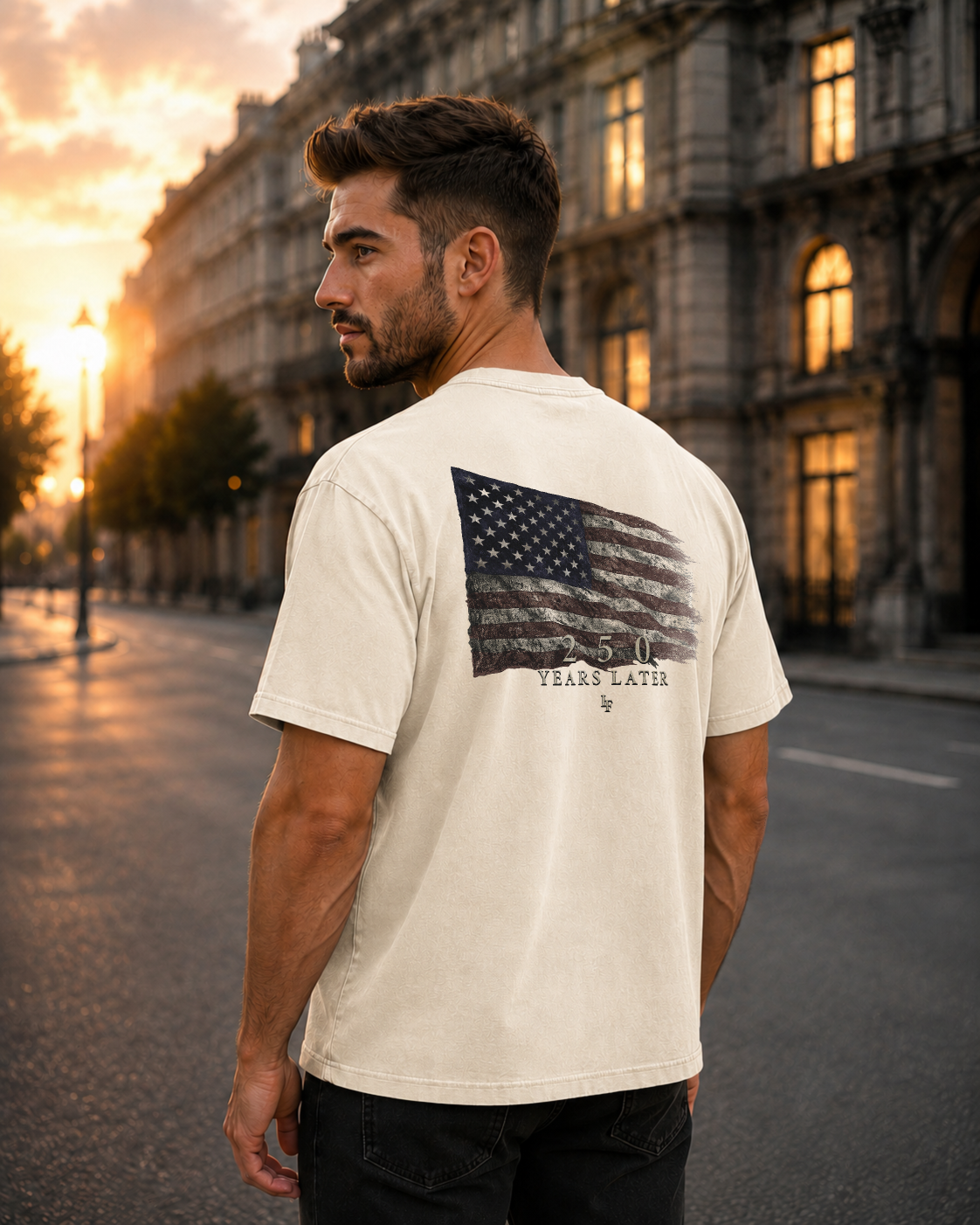 Flag ivory heavyweight T-shirt with distressed American flag design - lifestyle view 2