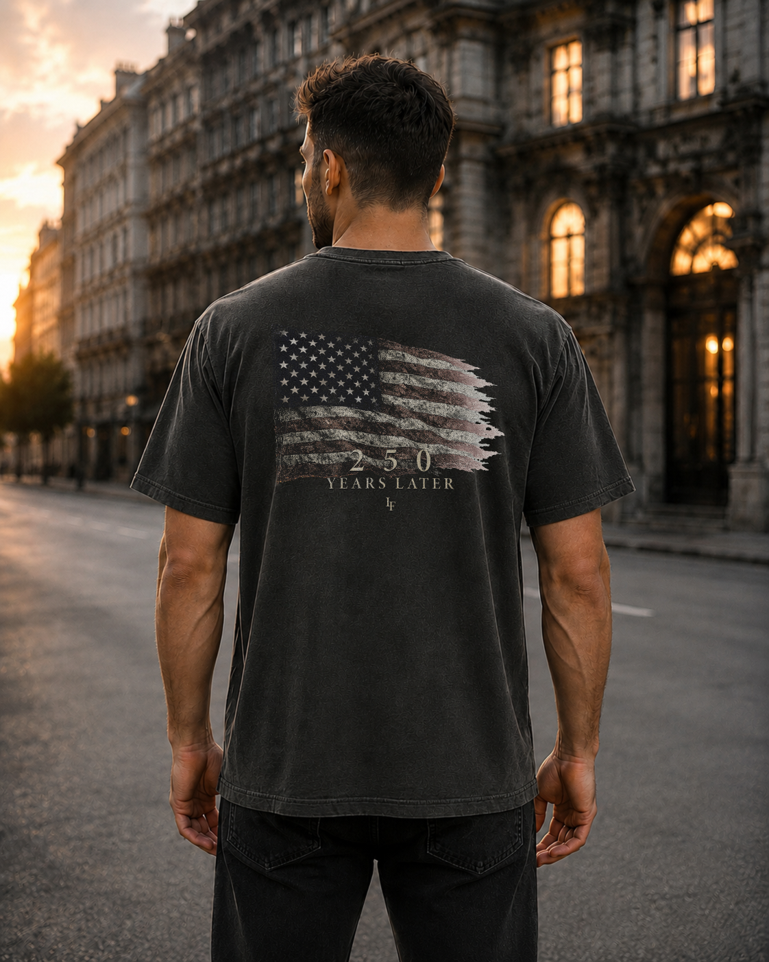Flag pepper heavyweight T-shirt with distressed American flag design - lifestyle view 1