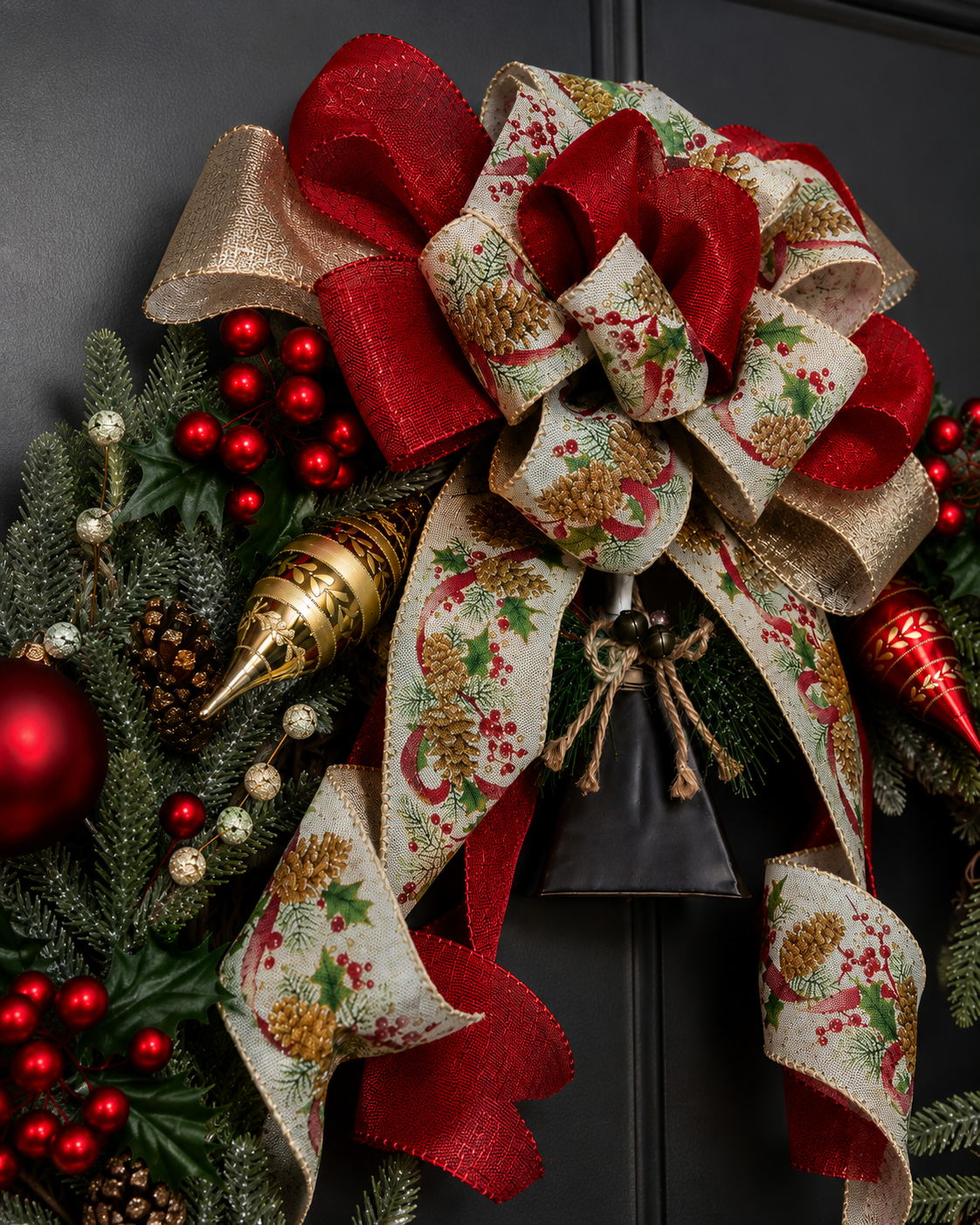 Woodland Bell handcrafted Christmas wreath with red berries and bells - view 7